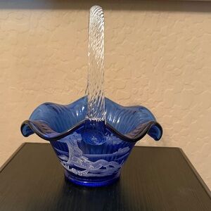 Fenton Blue Glass Basket with Clear Handle